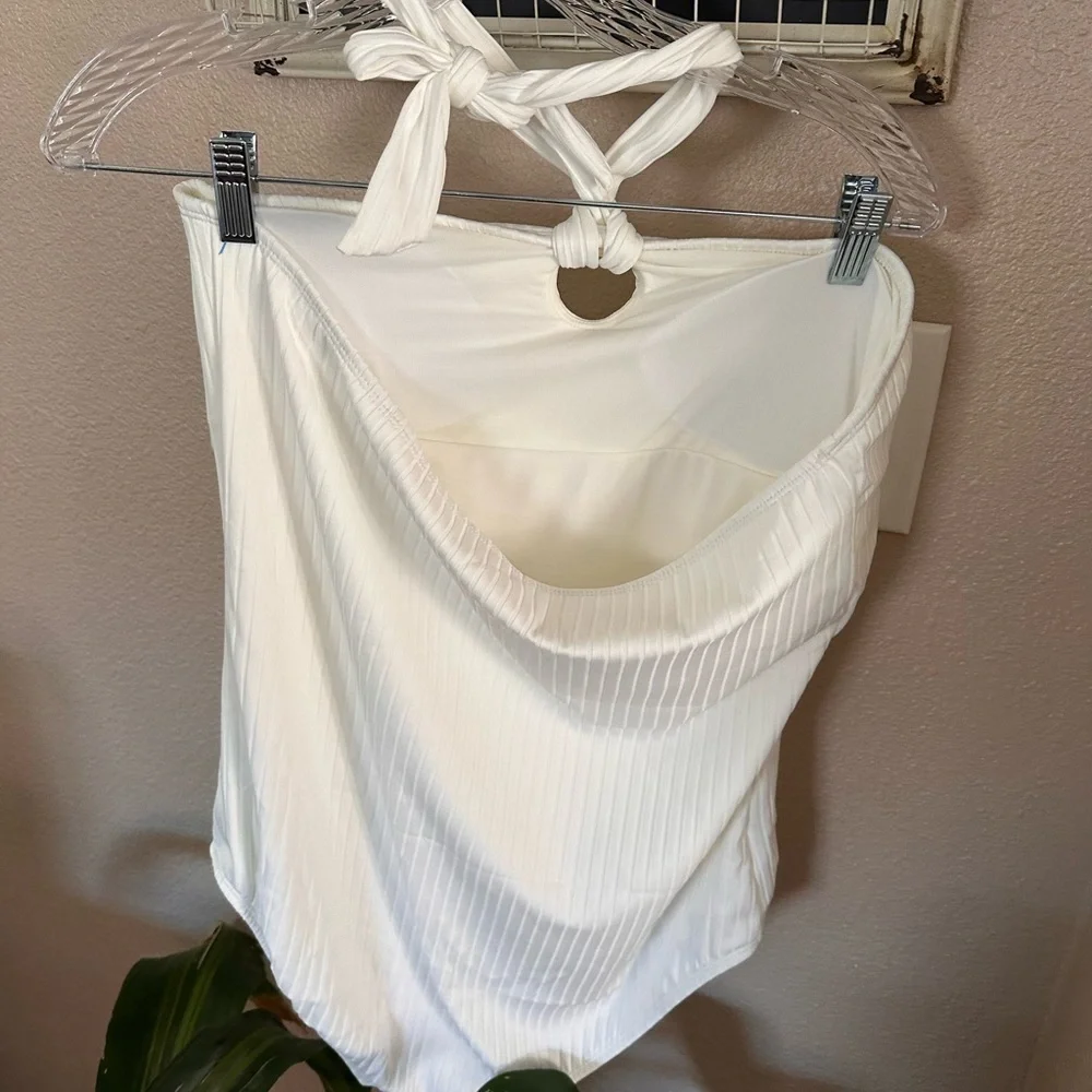 PINK lily FOLLY BEACH WHITE RIBBED HALTER ONE PIECE SWIMSUIT